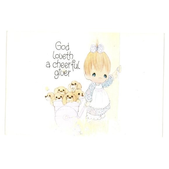 God Loveth A Cheerful Giver Postcard Precious Moments Style Jonathan David USA - Picture 1 of 2
